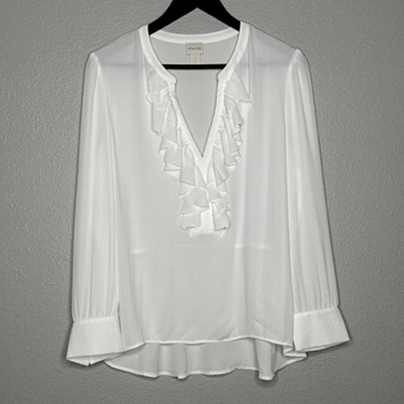 Chico's White Sheer Tunic Ruffles Around Neck Size 1 Or US M/8 - Picture 2 of 10